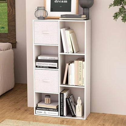 Cube Bookshelf, White Wooden Cube Storage Organizer, Freestanding Book Shelf, Cubby Shelf, Perfect Shelves for Bedroom, Kids Room, Closet, Classroom & Office (7-Cube)