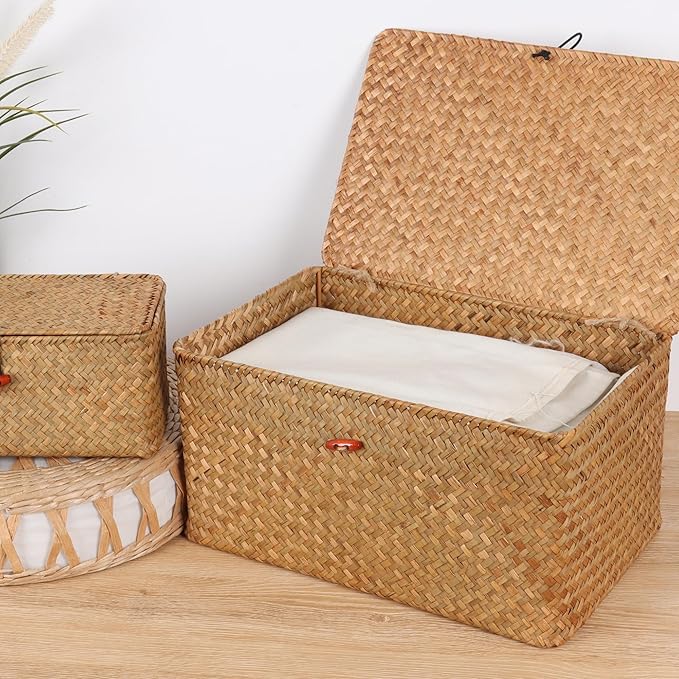 Wicker Shelf Baskets with Lid,Natural Seagrass Storage Basket Boxes Handwoven Rectangular Baskets Bins Multipurpose Home Organizer Decor (Medium)