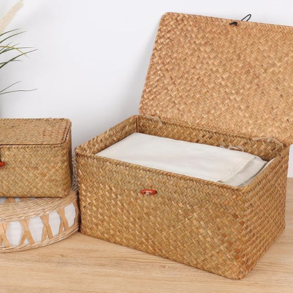 Wicker Shelf Baskets with Lid,Natural Seagrass Storage Basket Boxes Handwoven Rectangular Baskets Bins Multipurpose Home Organizer Decor (Medium)