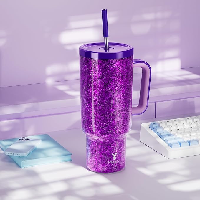 Meoky Tumbler with Handle and Straw for Women: 40 oz Stainless Steel Insulated Tumbler with Lid and Straw 100% Leakproof for Car Travel Home - Fashion Enthusiasts, Lavender