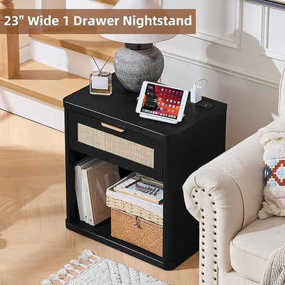 LEYAOYAO Rattan Nightstand with Charging Station, Black Night Stand with Drawer, 23" Wide Boho Bedside Table with Storage Shelf, Bed Side End Tables for Bedroom, Living Room, Hallway