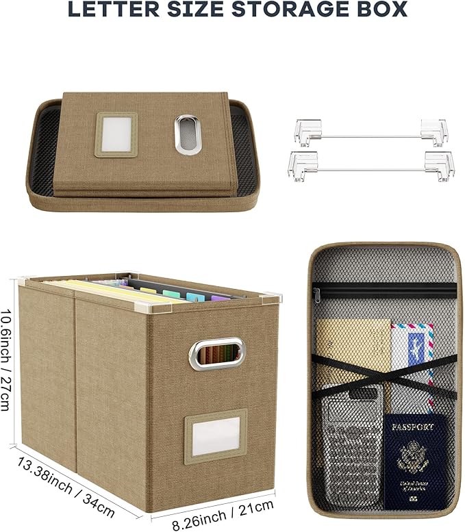 Oterri File Organizer Box with Lid, Hanging Filing File Box with Mesh Pocket, Document Organizer Box for Letter Files, Portable Storage Box with Smooth Sliding Rail for Office&Home(1 PCS, Khaki)