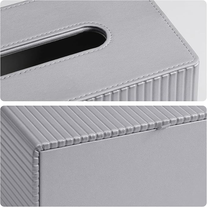 PU Leather Tissue Box Cover for up to 3.9" High Boxes, Rectangle Tissue Box Holder for Bathroom Bedroom Living Room Office (Silver Stripe)