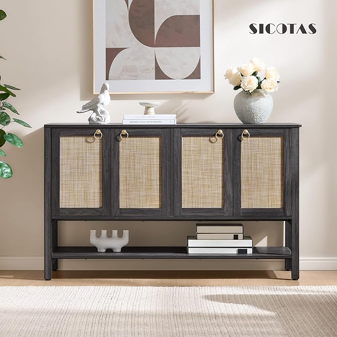 SICOTAS Rattan Sideboard Buffet Cabinet with Open Storage - Large Storage Cabinet with 4-Doors and Adjustable Shelves, Boho Credenza Coffee Bar Cabinets Buffet Table Console Table (2, Obsidian)