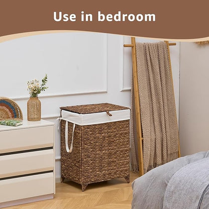 Laundry Hamper with Lid and Removable Liner Bag, Handwoven Natural Hyacinth Clothes Hamper with Heightened Feet, Wicker Laundry Basket for Clothes and Towels，Middle