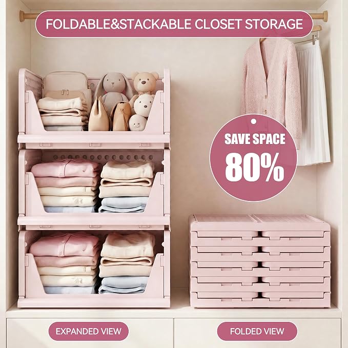 Pink Girl Closet Organizers and Storage Stackable Plastic Drawer Basket for Clothing Stackable Storage Bins Shelf Storage Container for RV Closet Wardrobe Bedroom Bathroom Playroom 6 Pack