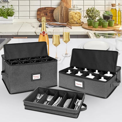ANILD China Storage Containers 3-Piece Set, Hard Shell Box Moving Dishes, Wine and Glasses, Mugs, Cups, Champagne Flute, Ideal for Kitchen Organization and Moving Supplies