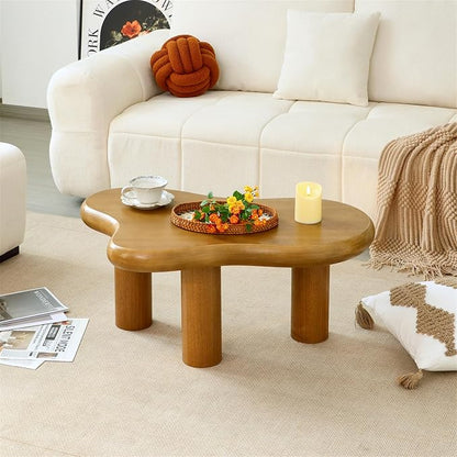 34"(L) Cloud Coffee Table, Modern Wood Coffee Table for Living Room, Accent Center Tables with 3 Legs, Small Tea Tables for Balcony, Patio, Bedroom, Wood