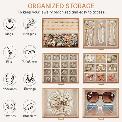 AKOZLIN 6-Tier Jewelry Box Organizer Functional 5 Drawers Leather Jewelry Storage Case for Women Girls Ring Necklace Earring Bracelet Holder Organizer with Mirror Dark Orange