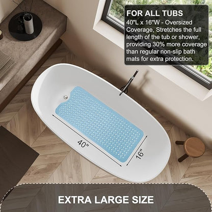 TEESHLY Bath Tub Shower Mat, Non Slip Bathtub Floor Liner Mats with Suction Cups and Drain Holes, Machine Washable Bathmat for Bathroom Floor Safety, 40 x 16 Inch, Sky Blue