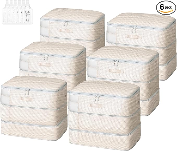 Comforter Storage Bag - Large Capacity Blanket Storage Bags 3-Layer Ultra Space Saving Self Compression Organizer, Washable Compression Bags for Storage Comforter Blanket, 6-Pack, Beige