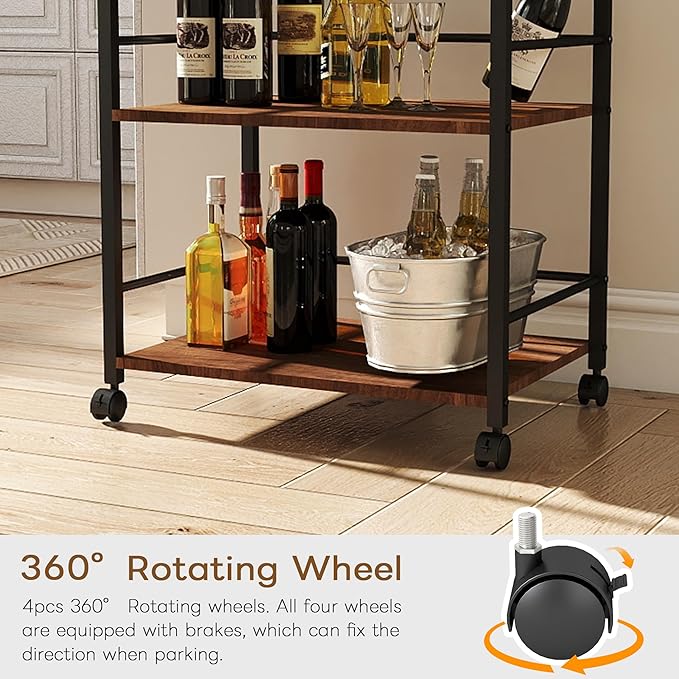 3 Tier Kitchen Cart, Rolling Bar Cart for Tea, Coffee, Liquor, and Drink Service with Removable Serving Detachable Server, Walnut