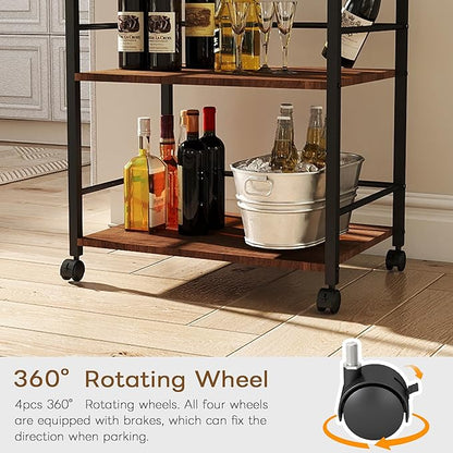 3 Tier Kitchen Cart, Rolling Bar Cart for Tea, Coffee, Liquor, and Drink Service with Removable Serving Detachable Server, Walnut