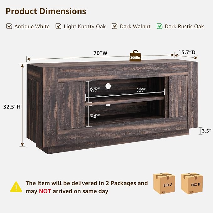 OKD Modern 70" TV Stand, Entertainment Center for TVs Up to 80", Media Console with Large Open Storage & Side Cabinets, Thick Wood Design for Living Room, Dark Rustic Oak
