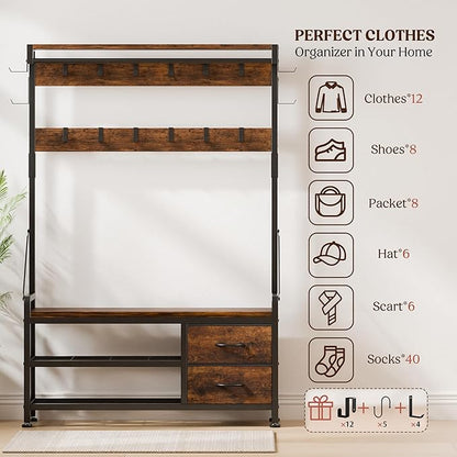Lulive Hall Tree with Bench and Shoe Storage, 39.4” Entryway Bench with Coat Rack freestanding, 5 in 1 Entryway Furniture Organizer Large Coat and Shoe Rack with 21 Hooks and Drawers, Rustic Brown