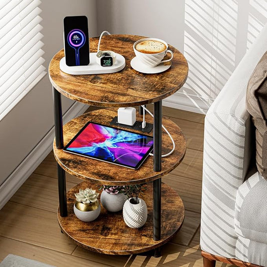 XBurmo Small Round End Table - 3 Tier Design Accent Table, Narrow Side or Bedside Stand, Industrial Vintage Table for Small Spaces, Built-in USB Ports and Power Outlet, Rustic Brown