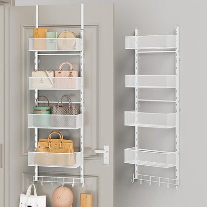 SWTYMIKI Over The Door Purse Organizer - Wall Mounted Purse Rack with 4 Adjustable Metal Basket and 6 Hooks, Hanging Bag Rack for Handbag Organizer, Bag Storage Can Use As 1/2 Part, for Door, Closet