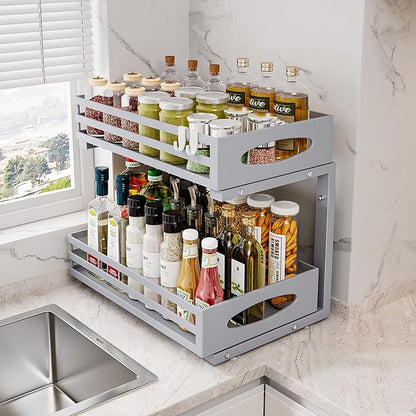 Under Sink Organizer, 2 Tier Under Sink Organizers and Storage, Adjustable Height, Slide out Metal Cabinet Organizers, Pull out Cabinet Storage Drawer Shelf for Kitchen Bathroom Gray 1Pack