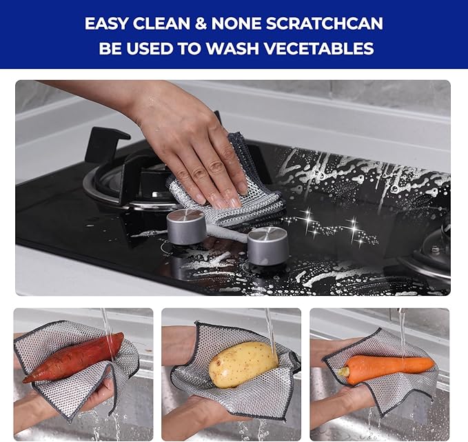 Wangjinpeng 12PCS Non-Scratch Multipurpose Steel Wire Dishcloths - Reusable Quick-Dry Odor-Free Scrub Cloths for Dishes, Kitchen Cleaning Cloths for Cookware, Sinks, Stove Tops(9.84X9.84)