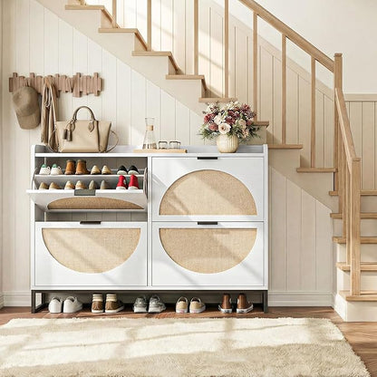 Shoe Storage Cabinet for Entryway Wooden Rattan Shoe Cabinet with 4 Flip Drawers Long Hidden Shoes Cabinet Storage with Metal Legs Narrow Shoe Rack Cabinet Shoes Organizer Cabinet for Hallway White