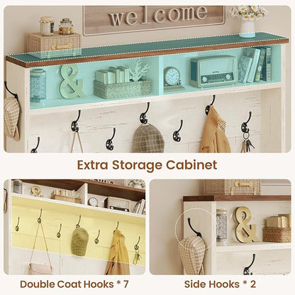 Itaar Hall Tree with Bench and Shoe Storage, 5-in-1 Entryway Bench with Coat Rack, 10 Shoe Cubbies & 9 Coat Hooks, Barn Door & Adjustable Shelf (White)