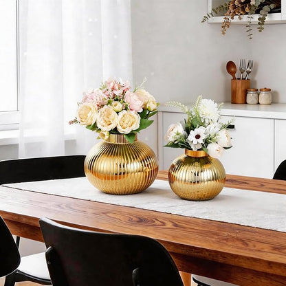 Gold Glass Vases for Tulips, Set of 2, Flower Vases for Bouquet, Ribbed Glass Vase for Flowers, Short Vase for Living Room, Office, Coffee Table, Shelf, Wedding