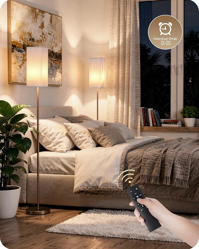 64.2” Dimmable Floor Lamp for Living Room with Remote and Foot Switch, Corner Floor Lamp for Bedroom, Includes 10W A19 Bulb, Modern Standing Tall Lamp, ETL Listed, Brown and White VCW17LD05
