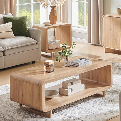IFGET 48" Modern Coffee Table, 2-Tier Minimalist Center Table with Storage Shelf, Curved Profile Design, Wooden Rectangular Living Room Table w/Wood Thick Design for Living Room, Office, Natural Oak