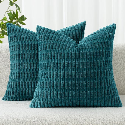MIULEE Pack of 2 Corduroy Decorative Euro Sham Throw Pillow Covers 24x24 Inch Soft Boho Striped Pillow Covers Modern Farmhouse Home Decor for Summer Coastal Sofa Living Room Couch Bed Teal