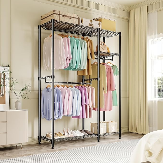 Heavy Duty Clothes Rack, 3-Tier Clothing Rack with Shelves, Freestanding Closet Organizer and Storage System with Hanger Rods for Bedroom & Laundry Room, Metal Garment Racks, Black