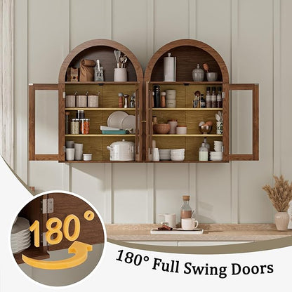 BREEZEHEAT Bathroom Medicine Cabinet Wall Mount-Over The Toilet Storage Cabinet-Arched Wall Cabinet with Glass Doors & Adjustable Shelves, Wood Cabinet for Laundry Room, Kitchen, Living Room, Walnut