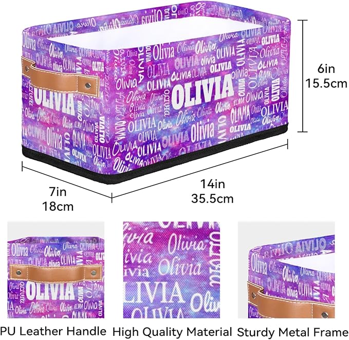 Custom Name Storage Basket, Personalized Small Storage Basket with Handles for Organizing Women Cosmetics Kids Toys Office Closet Shelf Baskets, Watercolor Purple Universe