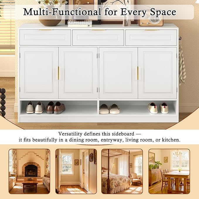 Sideboard Buffet Cabinet with Storage, 59.1" Multi-Functional Sideboard Cabinet with 3 Drawers & 4 Doors, Buffet Table with Adjustable Shelf for Dining Room, Living Room, Entryway, White