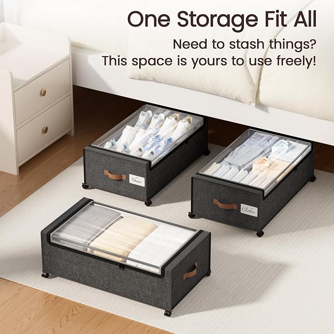 Yecaye 95 L Under Bed Storage with Wheels, 11 in Under Bed Storage Containers, Large Under Bed Shoe Storage with Lids, Rolling Underbed Storage bins for Clothes, Blankets, Gray