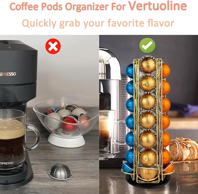 Coffee Pod Holder Carousel Organizer for Nespresso - 35 Capsule Coffee Pod Holder with 360° Rotation, Space-Saving Design for Kitchen Countertops (Gold)