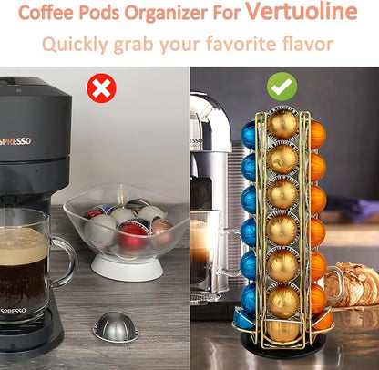 Coffee Pod Holder Carousel Organizer for Nespresso - 35 Capsule Coffee Pod Holder with 360° Rotation, Space-Saving Design for Kitchen Countertops (Gold)