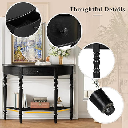 Amposei Small Curved Console Table 39-Inch Retro Farmhouse Wood Entry Sofa Table with Drawer & Storage Shelf for Living Room Hallway Entryway Furniture, Natural, Black