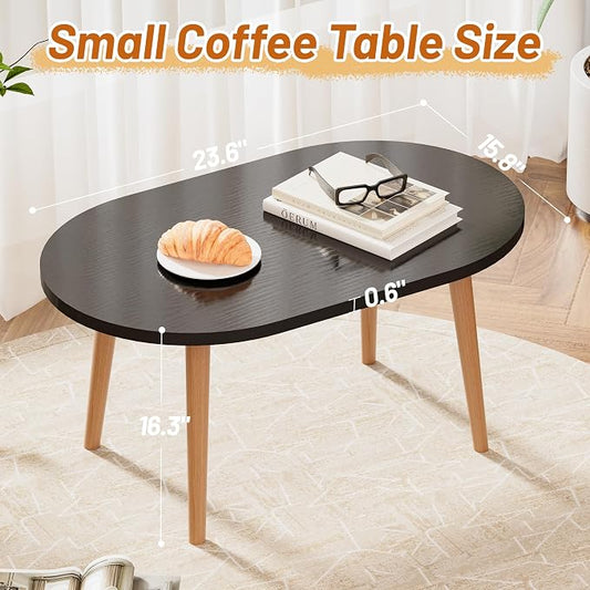 Small Coffee Table, Low Table with Solid Wood Legs, 23.6" Mini Oval Accent Table Side End Table, Floor Table Desk for Sitting on The Floor, Coffee Tea Table for Living Room, Dorm, Apartment, Black
