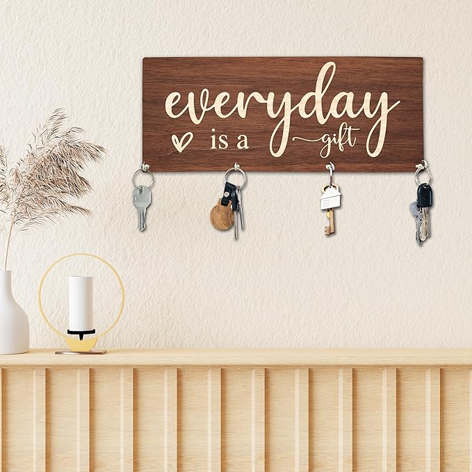 Everyday is A Gift Wooden Key Holder for Wall - 5"x10" Key Organizer Hanger with 4 Hooks for Home Front Door Hallway Entryway Kitchen - Home Office Decor & Housewarming Gifts Supplies - A04