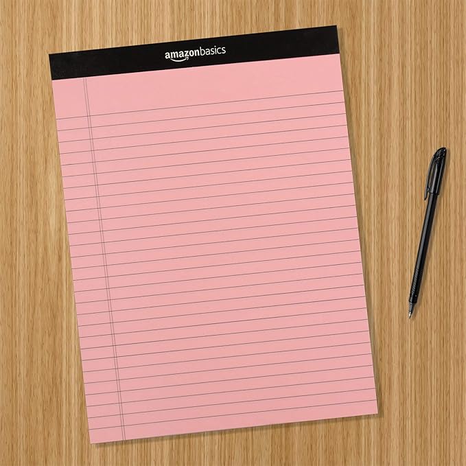 Amazon Basics Wide Ruled 8.5 x 11.75-Inch 50 Sheet Perforated Lined Writing Note Pads, Pack of 72, 300 Count, Multicolor