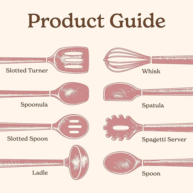 Country Kitchen Non Stick Silicone Utensil Set with Rounded Wood Handles for Cooking and Baking, 8 Piece Set, Pink