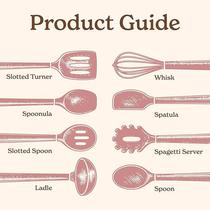 Country Kitchen Non Stick Silicone Utensil Set with Rounded Wood Handles for Cooking and Baking, 8 Piece Set, Pink