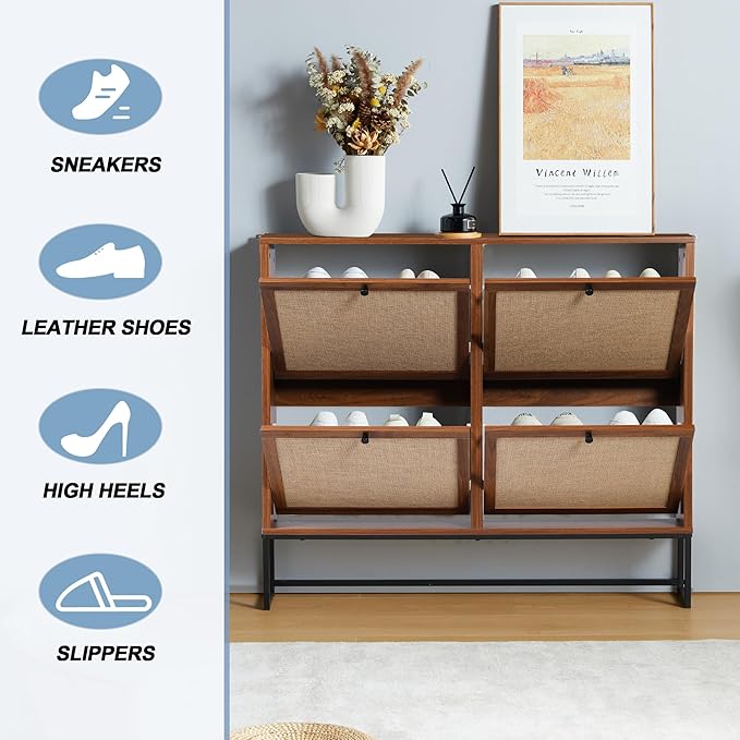 Shoe Cabinet, Shoe Storage Cabinet with 4 Flip Drawers, Freestanding Shoe Organizer Shoe Rack for Entryway, Hallway, Living Room (Walnut - 4 Tiers)