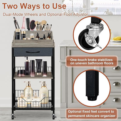 Makeup Organizer Cart Large, 2-in-1 Beauty Organizer with Wheels & Hair Tool Holder, Makeup Stand with Drawer, Vanity Storage Cosmetics Display Cases for Skin Care Nail Polish Perfume-Black