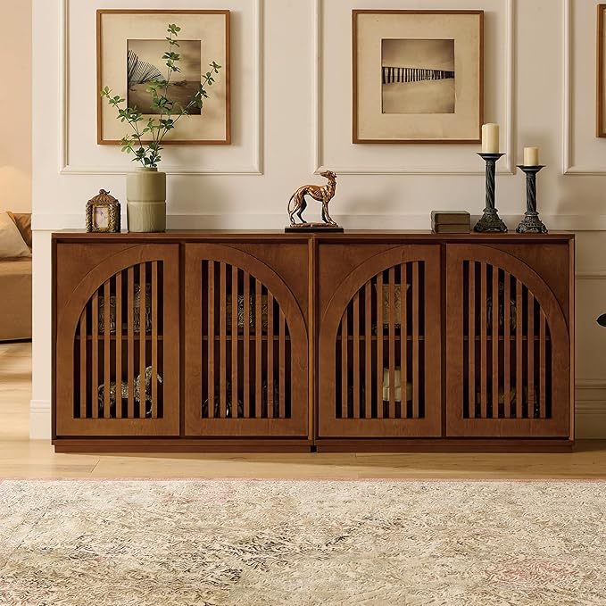 LKTART Sideboard Buffet Cabinet with Storage, Mid Century Modern Credenza with Arch Doors & Shelves, Wood Coffee Bar Media Console Table for Kitchen, Living Room, Entryway-Brown