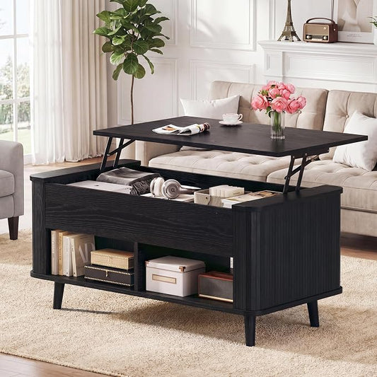 HUAHUU 41.3" Lift Top Coffee Table, Modern Coffee Table with Storage, Fluted Coffee Tables with Lift Tabletop, Hidden Storage Compartment & Lower Shelf for Living Room, Home Office, Black
