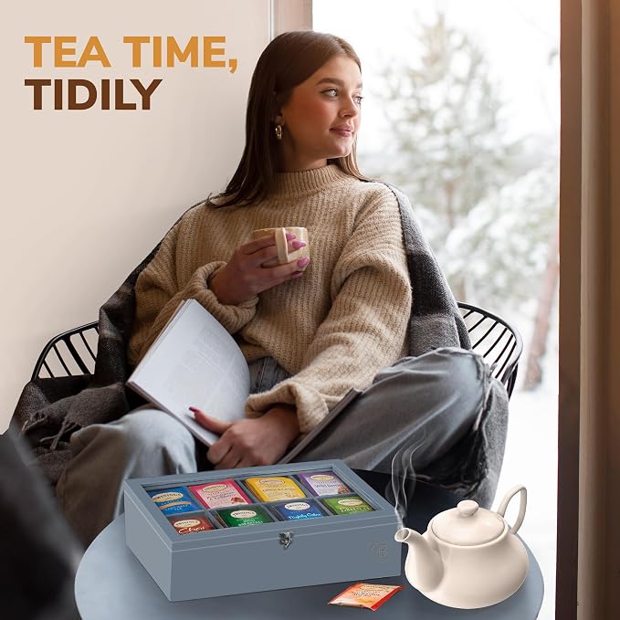 Tea Bag Organizer with Drawer - Gray Bamboo Tea Box Organizer, 8-Compartment Tea Storage Box with Acrylic Lid and Magnetic Closure, Tea Box for Kitchen Counter, Gifts for Mom, Wife, Tea Lovers (Grey)