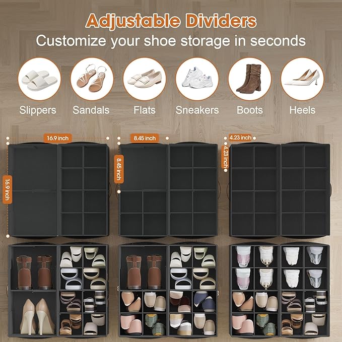 4 Pack Shoe Organizer for Closet,Foldable Shoe Storage Organizer with Adjustable Dividers, Shoe Storage Box with Clear Cover, Fits up to 16 Pairs, Black