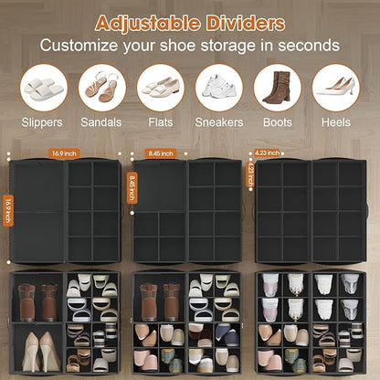 4 Pack Shoe Organizer for Closet,Foldable Shoe Storage Organizer with Adjustable Dividers, Shoe Storage Box with Clear Cover, Fits up to 16 Pairs, Black