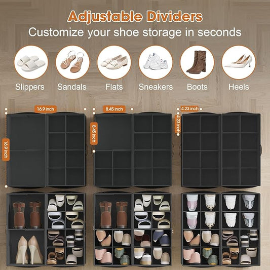 4-PackShoe Organizer for Closet, Foldable Shoe Storage Box with Adjustable Dividers & Clear Cover, Fits 32 Pairs, Black, Durable and Space-Saving